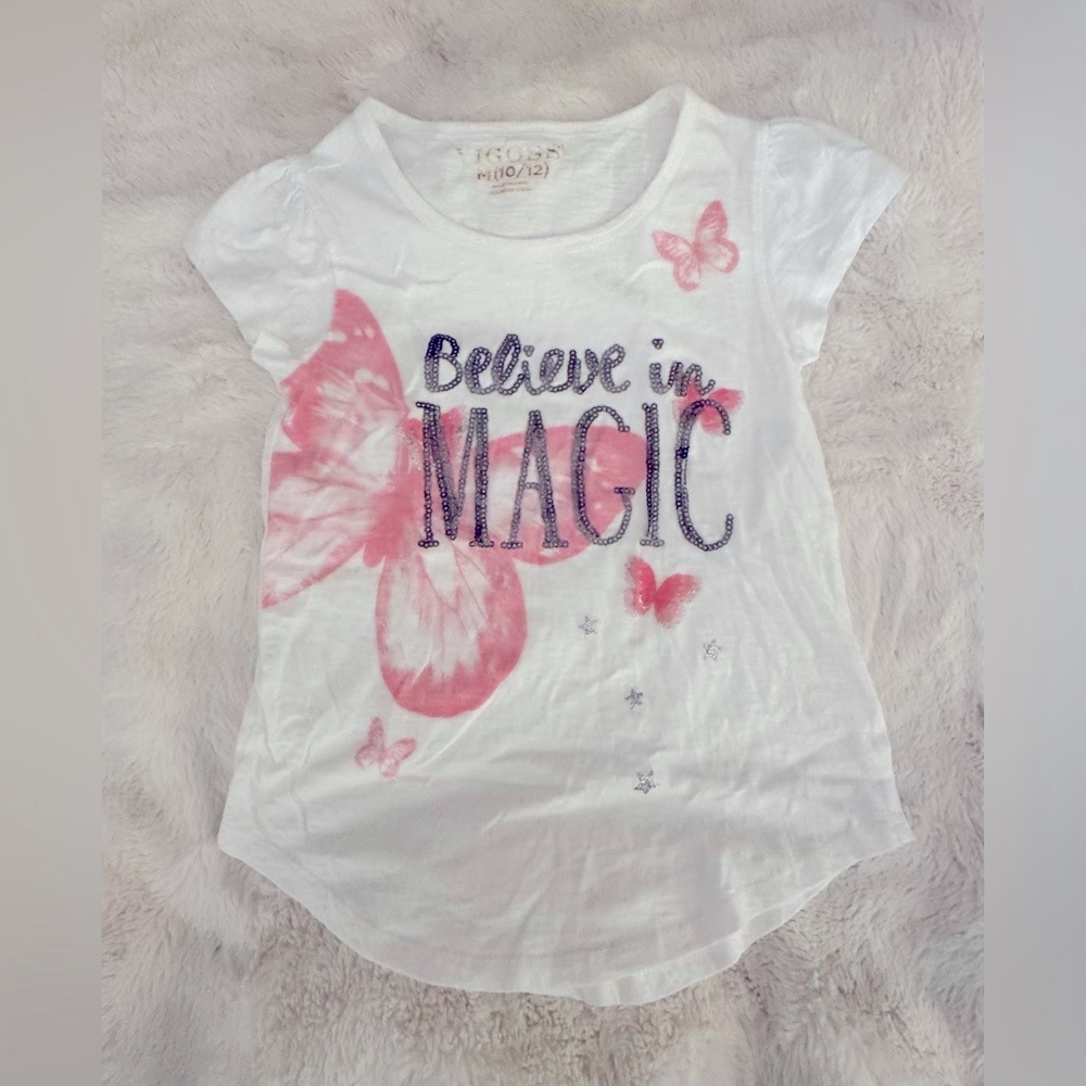 Vigoss Girls Graphic Tee, White, Pink, Butterflies, M, 8-10